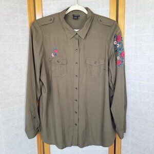 Torrid Button Down Shirt Size 1X  Olive Green Floral Embroidery Long Sleeves